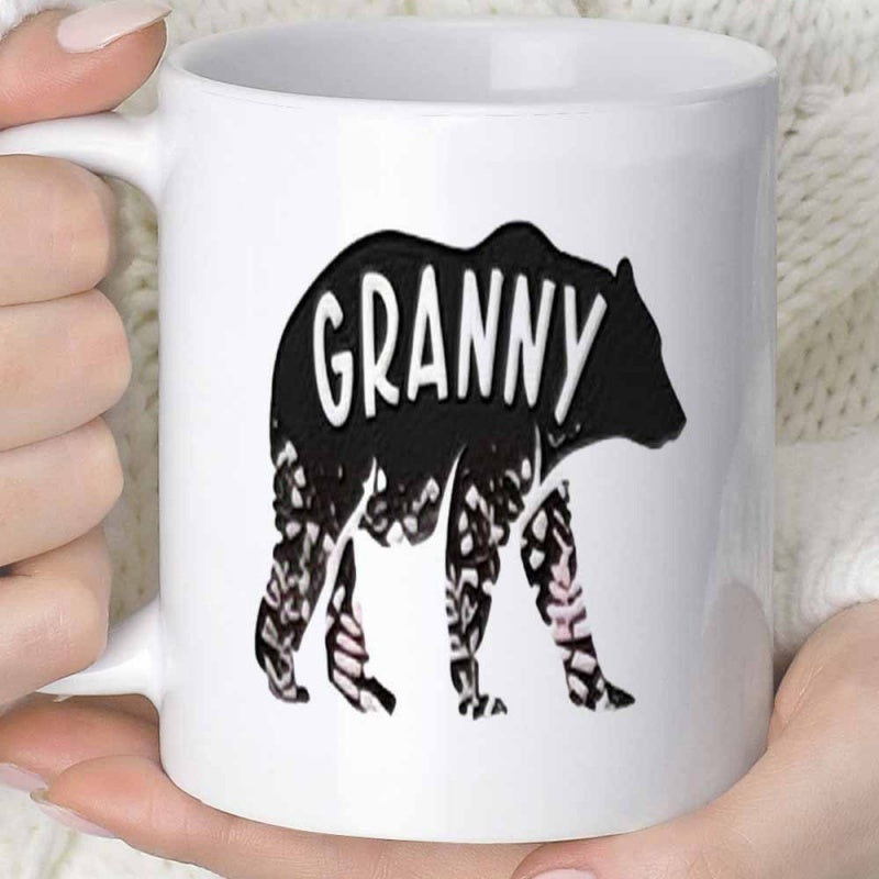 Tailorly White Ceramic 11 oz Mug - Granny Silhouette With Intricate Nature Patterns Within The Lower Body Bear