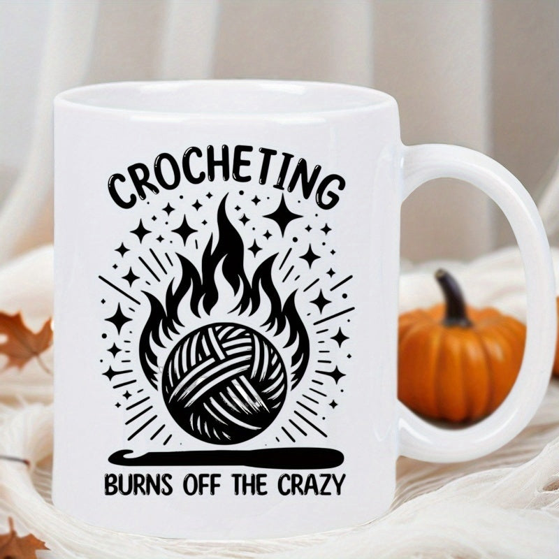 Tailorly White Ceramic 11 oz Mug - Crocheting Burns Off The Crazy Flaming Ball Of Yarn Surrounded By Stars Above A Hook Yarn