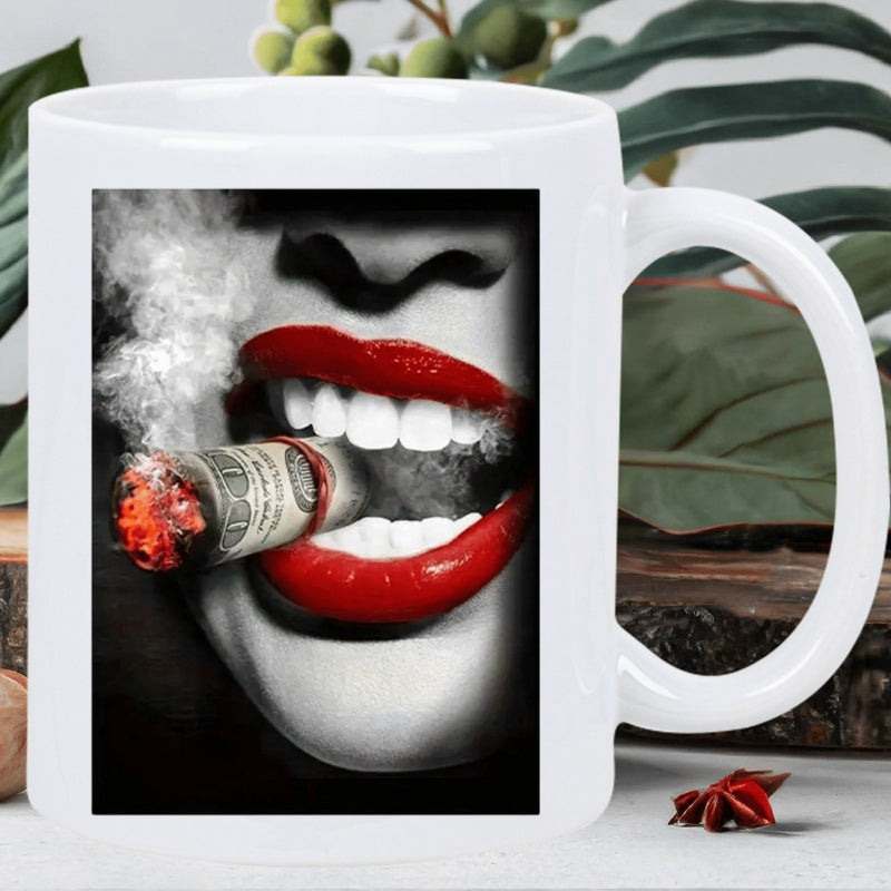 Tailorly White Ceramic 11 oz Mug - Bold Red Lips Smoking A Rolled Hundred Dollar Bill With Wispy Smoke Lips