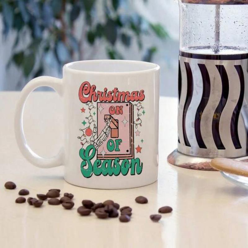 Tailorly White Ceramic 11 oz Mug - Christmas On Off Season Retro Pink Light Switch With Sparkling Stars And Greenery Switch