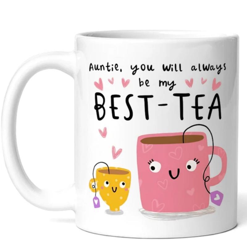 Tailorly White Ceramic 11 oz Mug - Auntie You Will Always Be My Best Tea Two Cute Smiling Cartoon Tea Characters Surrounded By Floating Pink Hearts Cups