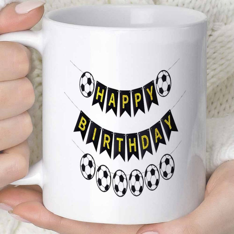 Tailorly White Ceramic 11 oz Mug - Happy Birthday Festive Bunting Flags With Decorative Sports Theme Graphic Soccer Ball