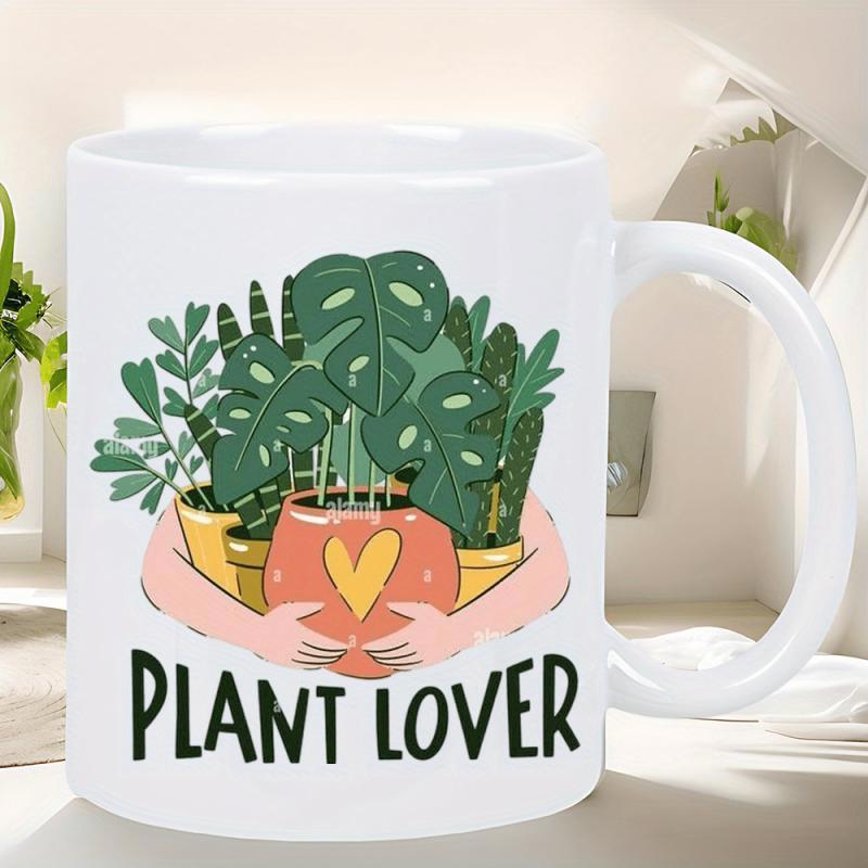 Tailorly White Ceramic 11 oz Mug - Plant Lover Hand Drawn Arms Embracing Multiple Potted Greenery With Lush Tropical House Plant