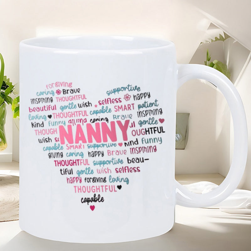Tailorly White Ceramic 11 oz Mug - Nanny Typographic Words Arranged In A Heart Shape Creating A Decorative Design Heart