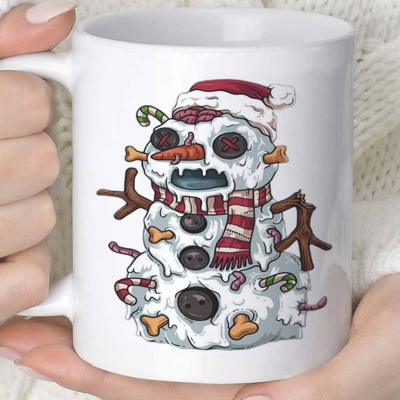 Tailorly White Ceramic 11 oz Mug - Creepy Melting Zombie With Exposed Brain And Candy Canes Snowman