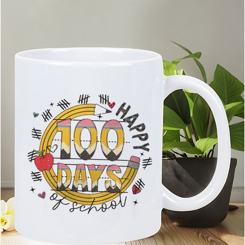 Tailorly White Ceramic 11 oz Mug - Happy 100 Days Of School Educational Circular Pencil With Tally Marks And Red Apple Pencil