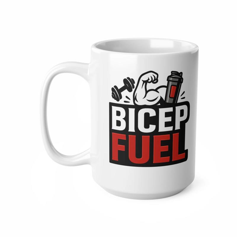 Tailorly White Ceramic 11 oz Mug - Bicep Fuel Strong Flexing Muscular Arm Beside Shaker Bottle And Heavy Dumbbell Muscle