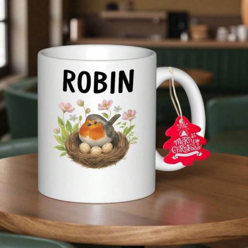Tailorly White Ceramic 11 oz Mug - Robin Small Watercolor Bird Resting In Nest Among Spring Blossoms Robin