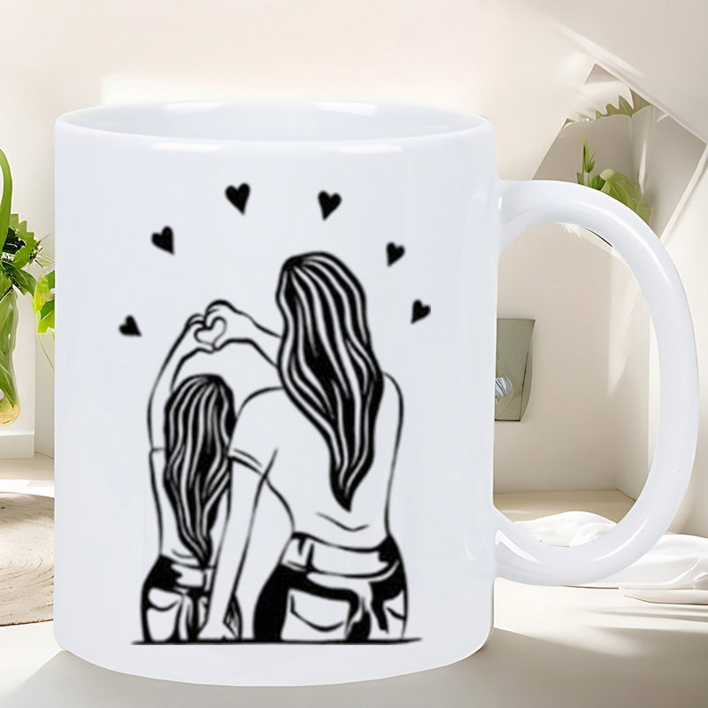 Tailorly White Ceramic 11 oz Mug - Minimalist Black Line Art Of Mother And Daughter Forming A Heart Silhouette