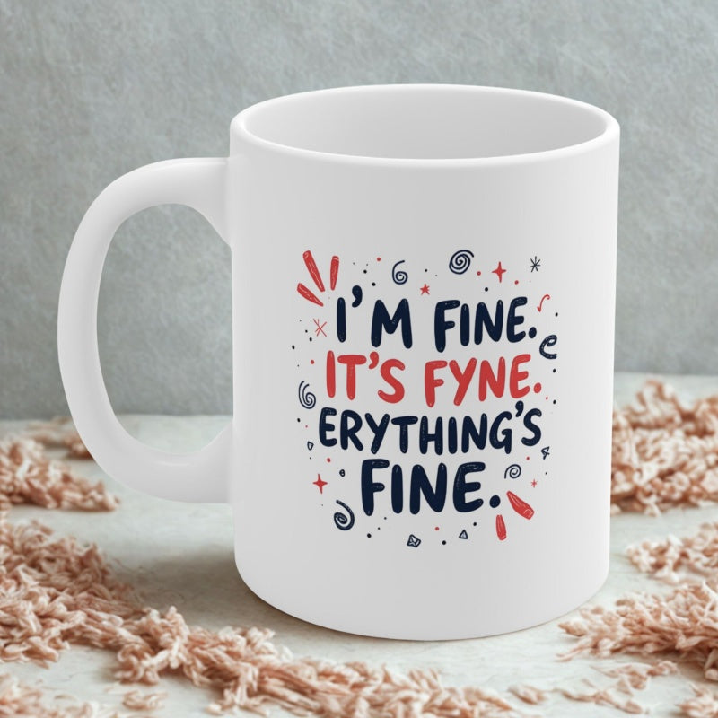 Tailorly White Ceramic 11 oz Mug - Im Fine Its Fyne Erythings Fine Playful Colorful Abstract Lines With Stars And Spirals Surrounding Design Mug