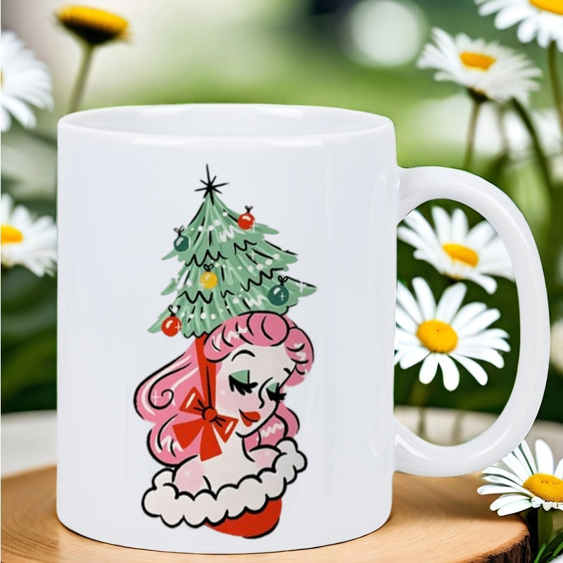 Tailorly White Ceramic 11 oz Mug - Retro Style Pink Hair Lady Wearing Decorated Festive Evergreen Holiday Tree Woman