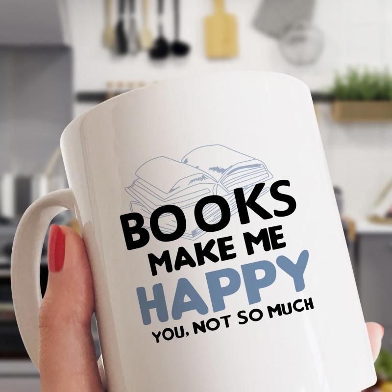 Tailorly White Ceramic 11 oz Mug - Books Make Me Happy You Not So Much Minimalist Line Art Design Of Two Stacked Open Pages Reading Book