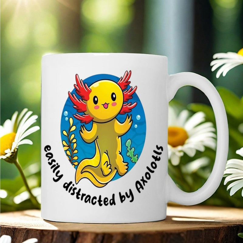 Tailorly White Ceramic 11 oz Mug - Easily Distracted By Axolotls Cute Yellow Cartoon Creature Smiling In Underwater Blue Oval Axolotl