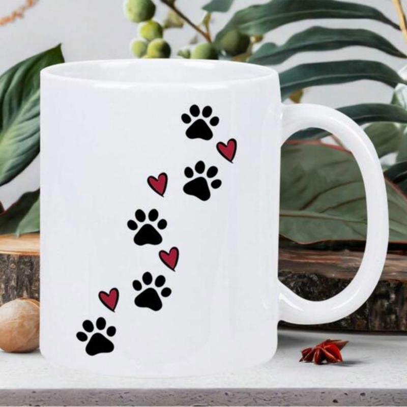 Tailorly White Ceramic 11 oz Mug - Delicate Black Animal Footprints Mixed With Small Romantic Red Love Hearts Paw