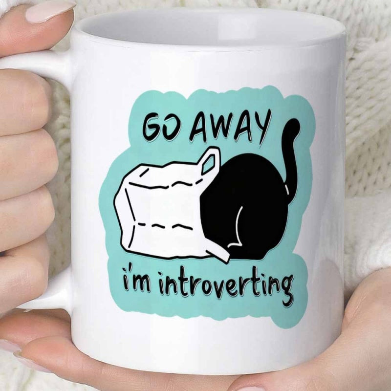 Tailorly White Ceramic 11 oz Mug - Go Away Im Introverting Playful Minimalist Black Cat Hiding Inside A White Crinkled Paper Bag Cat