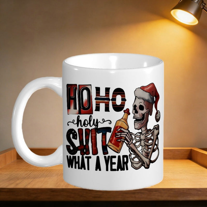 Tailorly White Ceramic 11 oz Mug - Ho Ho Holy Shit What A Year Festive Skeleton Wearing Red Santa Hat Holding A Drink Skeleton