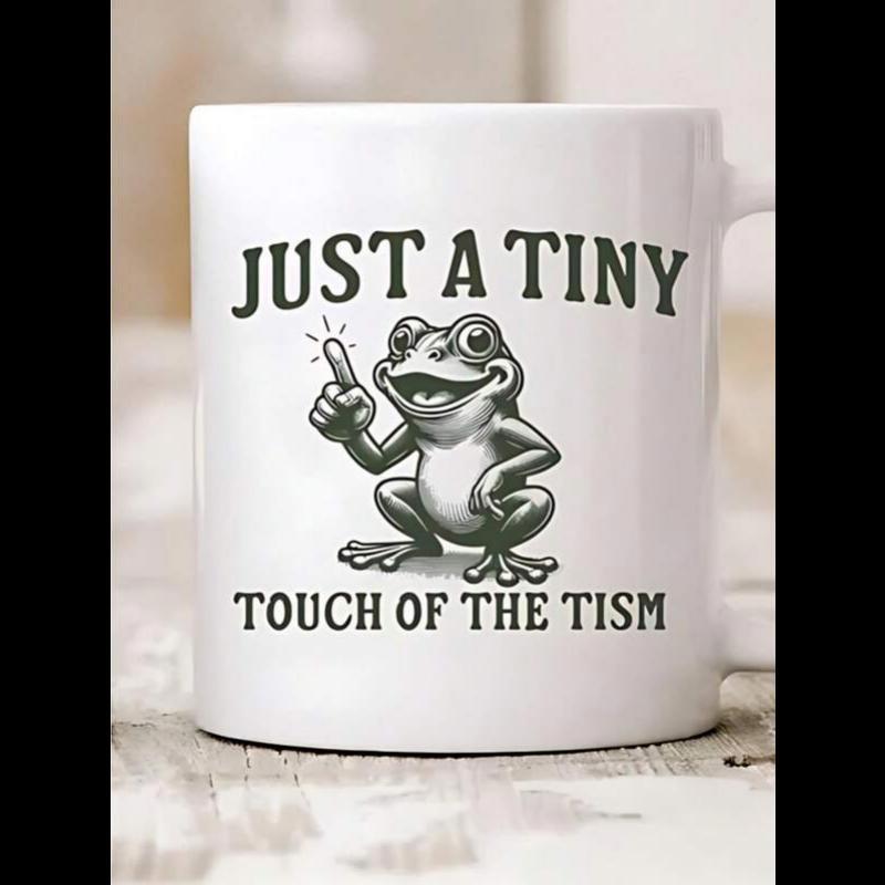 Tailorly White Ceramic 11 oz Mug - Just A Tiny Touch Of The Tism Smiling Cartoon Amphibian Pointing Upward Sitting On Flat Ground Friendly Frog
