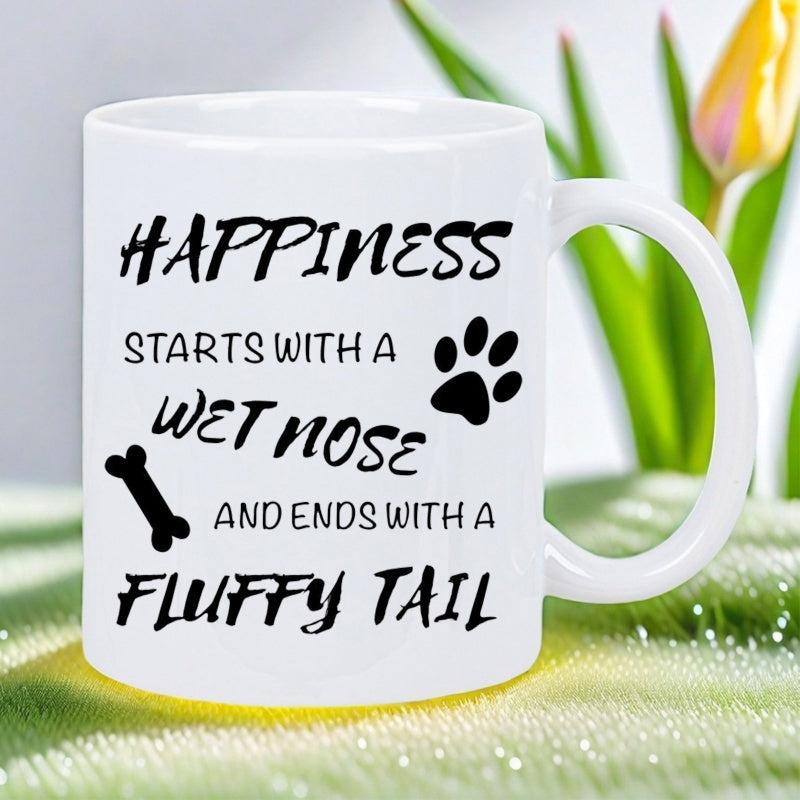 Tailorly White Ceramic 11 oz Mug - Happiness Starts With A Wet Nose And Ends With A Fluffy Tail Minimalist Featuring Black Paw Print And Bone Icon Mug