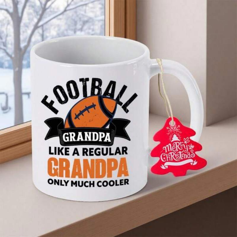 Tailorly White Ceramic 11 oz Mug - Football Grandpa Like A Regular Grandpa Only Much Cooler Classic Brown Textured Pigskin Resting Centered Upon A Bold Black