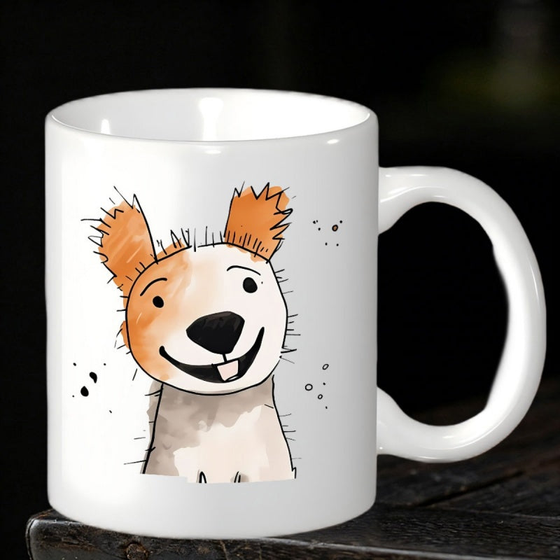 Tailorly White Ceramic 11 oz Mug - Sketchy Hand Drawn Smiling Cartoon Dog With Orange Ears And Patch Dog