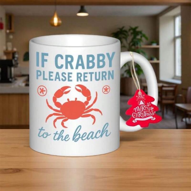 Tailorly White Ceramic 11 oz Mug - If Crabby Please Return To The Beach Artistic Orange Sea Creature Surrounded By Coastal Elements And Text Crab