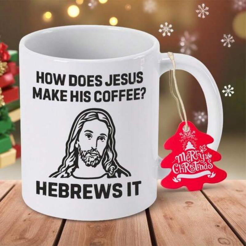 Tailorly White Ceramic 11 oz Mug - How Does Jesus Make His Coffee Hebrews It Simple Black Line Drawing Featuring A Bearded Religious Figure Jesus