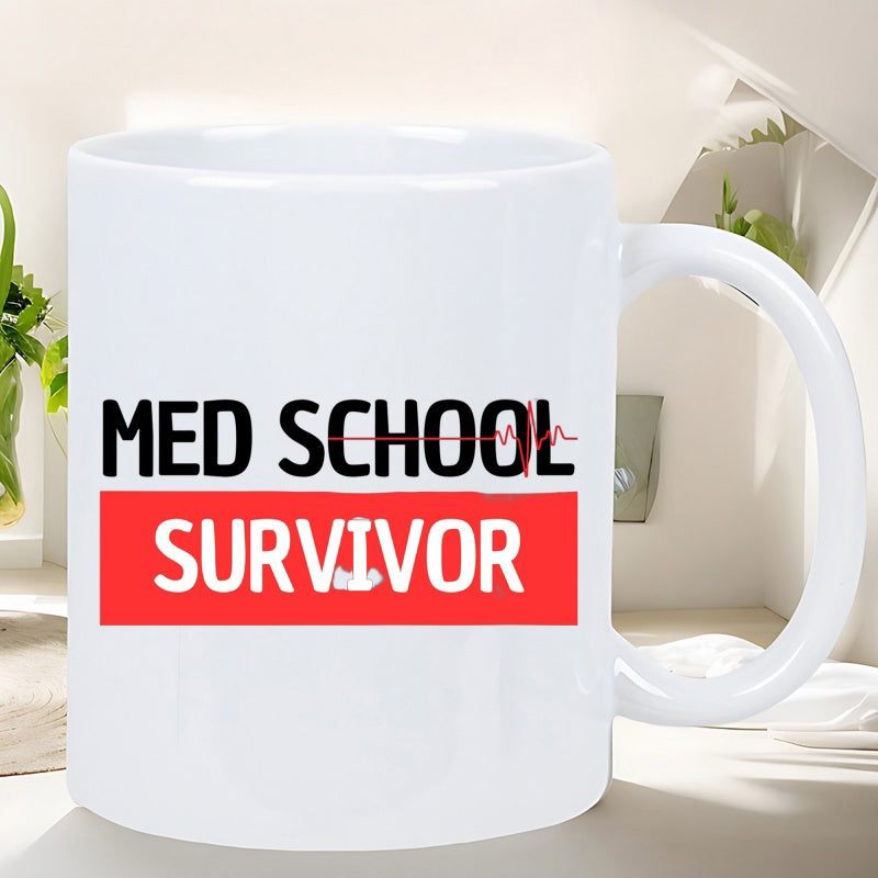 Tailorly White Ceramic 11 oz Mug - Med School Survivor Minimalist Red Heartbeat Line Across Bold Block Lettering Graphic Pulse