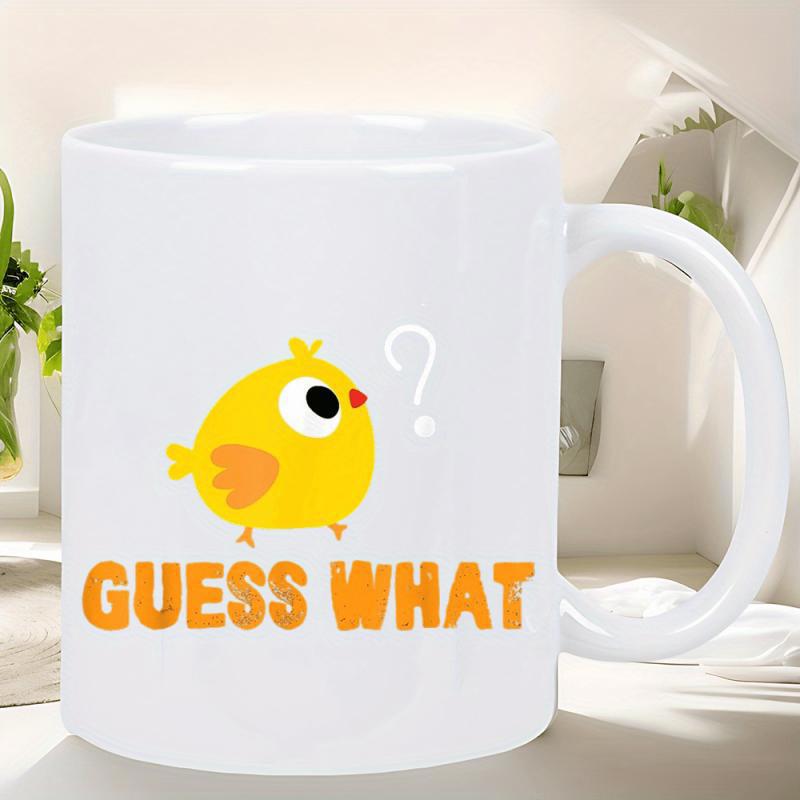 Tailorly White Ceramic 11 oz Mug - Guess What Small Yellow Bird Featuring Orange Wings Under Question Mark Chick