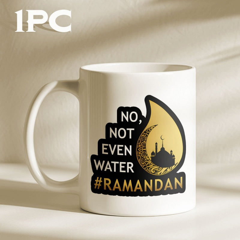 Tailorly White Ceramic 11 oz Mug - No Not Even Water Ramandan Golden Teardrop Shape Featuring A Crescent Moon And Mosque Silhouette Atmosphere Mug