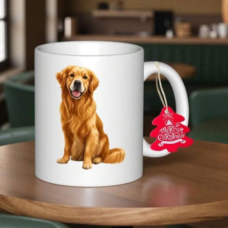 Tailorly White Ceramic 11 oz Mug - Merry Christmas Loyal Dog Sitting Peacefully In A Minimalist Warm Home Setting Golden Retriever