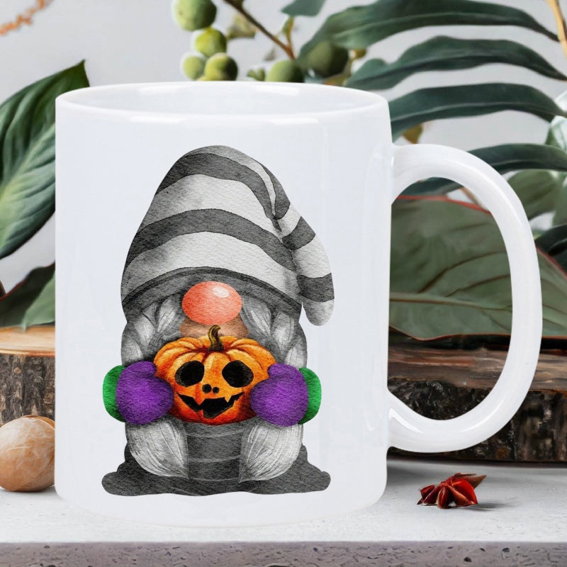 Tailorly White Ceramic 11 oz Mug - Adorable Halloween Gnome With Striped Hat Holding A Carved Spooky Pumpkin Gnome