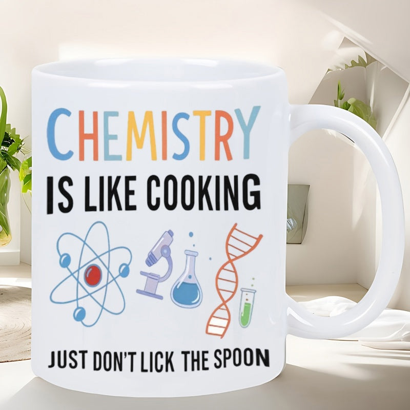 Tailorly White Ceramic 11 oz Mug - Chemistry Is Like Cooking Just Don't Lick The Spoon Science Icons Featuring Atom Microscope Flask DNA Helix And Test Tube Mug