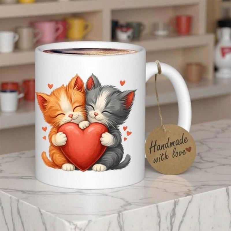 Tailorly White Ceramic 11 oz Mug - Handmade With Love Two Adorable Kittens Embracing A Large Red Heart Kittens