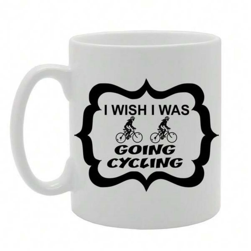Tailorly White Ceramic 11 oz Mug - I Wish I Was Going Cycling Silhouetted Riders Traveling Within A Classic Decorative Vintage Style Black Frame Bicycle