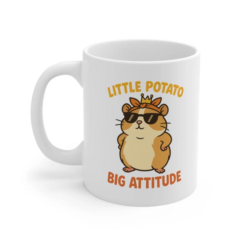 Tailorly White Ceramic 11 oz Mug - Little Potato Big Attitude Adorable Brown Hamster Wearing Cool Sunglasses And Small Crown Hamster