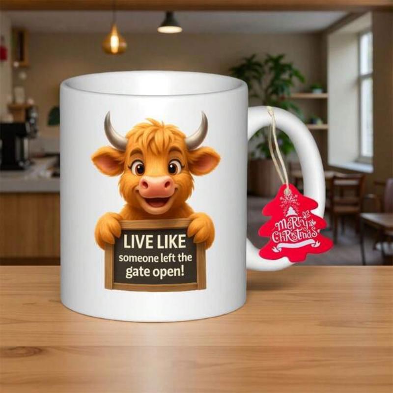 Tailorly White Ceramic 11 oz Mug - Live Like Someone Left The Gate Open Adorable Orange Highland Cow Holding Rustic Wooden Sign Cow