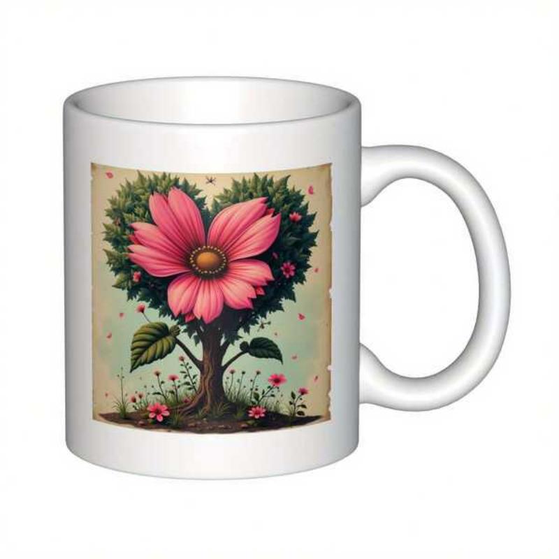 Tailorly White Ceramic 11 oz Mug - Vibrant Pink Blooming Petals Within Heart Shaped Green Foliage Growing Tree Flower