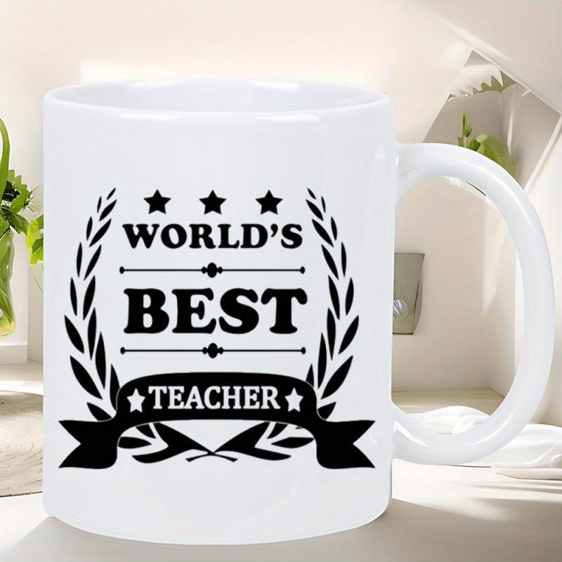 Tailorly White Ceramic 11 oz Mug - Worlds Best Teacher Classic Laurel Wreath With Stars And Decorative Ribbon Banner Wreath