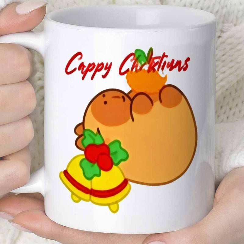 Tailorly White Ceramic 11 oz Mug - Cappy Christmas Adorable Cartoon Resting With Festive Holiday Bells Orange Capybara