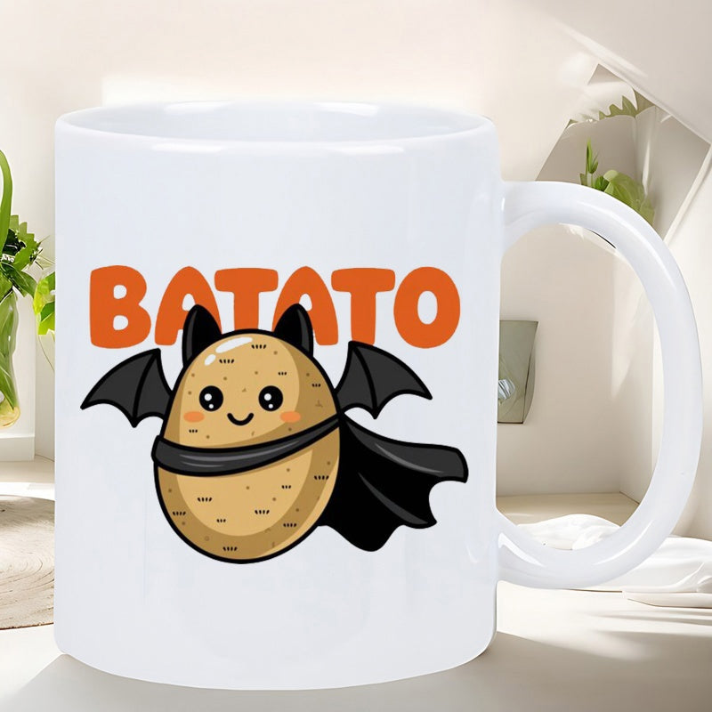 Tailorly White Ceramic 11 oz Mug - Batato Adorable Flying Vegetable Featuring Small Bat Wings And Dark Hero Cape Potato