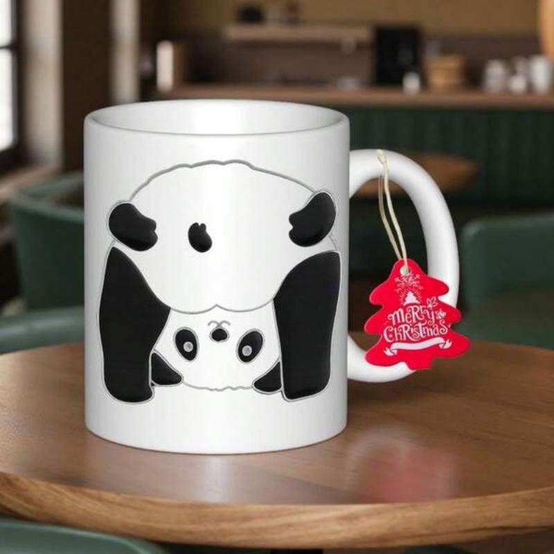 Tailorly White Ceramic 11 oz Mug - Merry Christmas Adorable Black And White Hand Drawn Panda Hanging Upside Down Panda