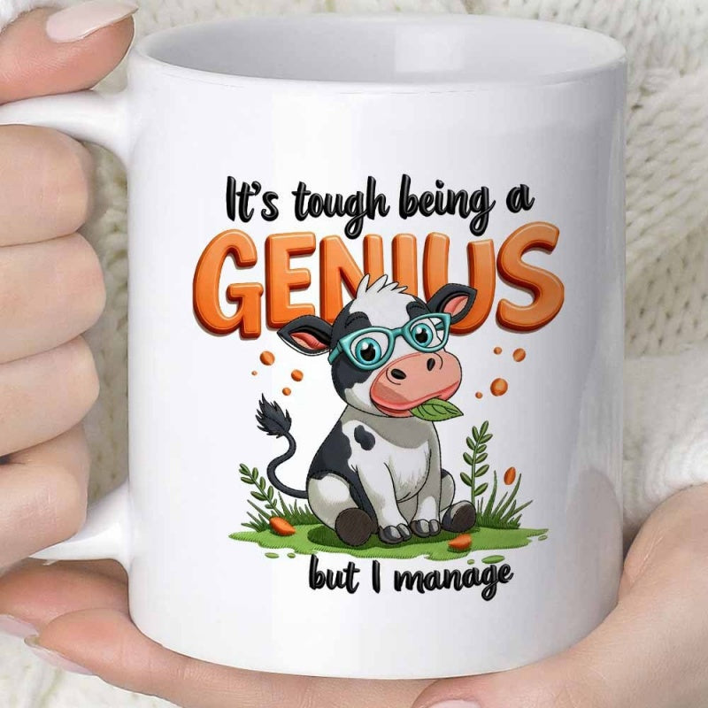 Tailorly White Ceramic 11 oz Mug - Its Tough Being A Genius But I Manage Adorable Spotted Cow Wearing Glasses Sitting On Lush Green Grass Cow