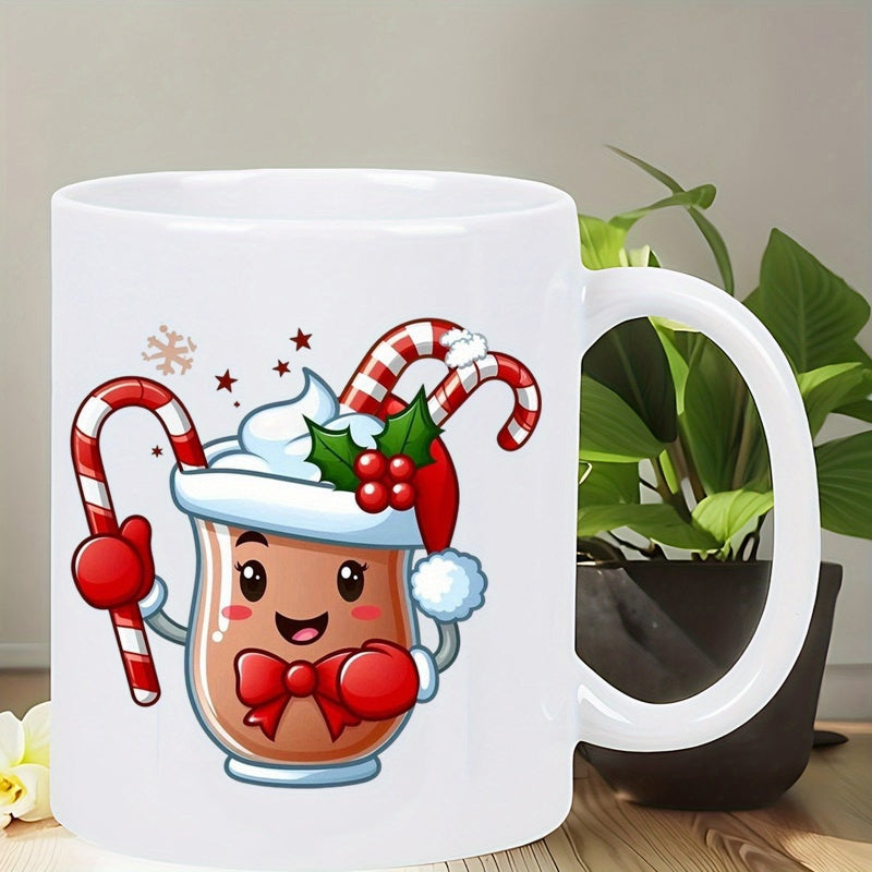 Tailorly White Ceramic 11 oz Mug - Adorable Festive Christmas Hot Chocolate Wearing Santa Hat And Red Mittens Cocoa