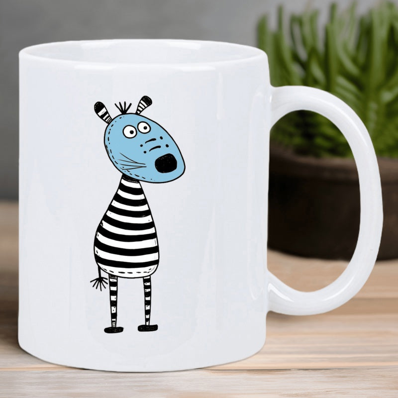 Tailorly White Ceramic 11 oz Mug - Whimsical Cartoon Character With Blue Head And Black Striped Body Zebra
