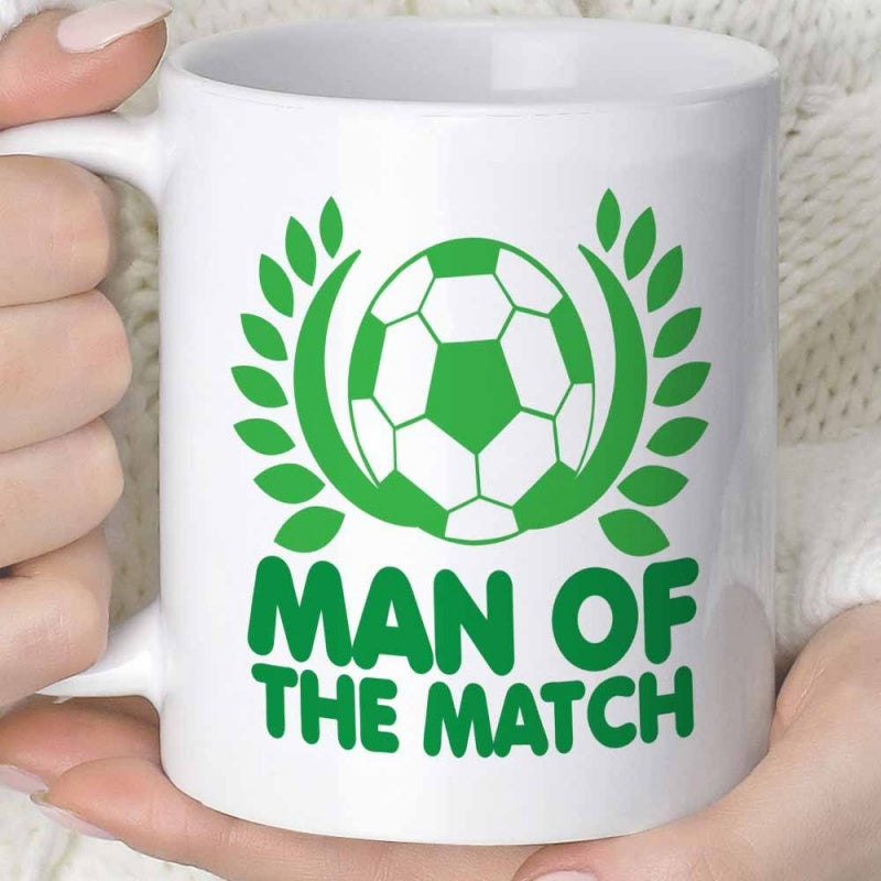 Tailorly White Ceramic 11 oz Mug - Man Of The Match Vibrant Green Football Framed With Classic Laurel Wreath Leaves Mug
