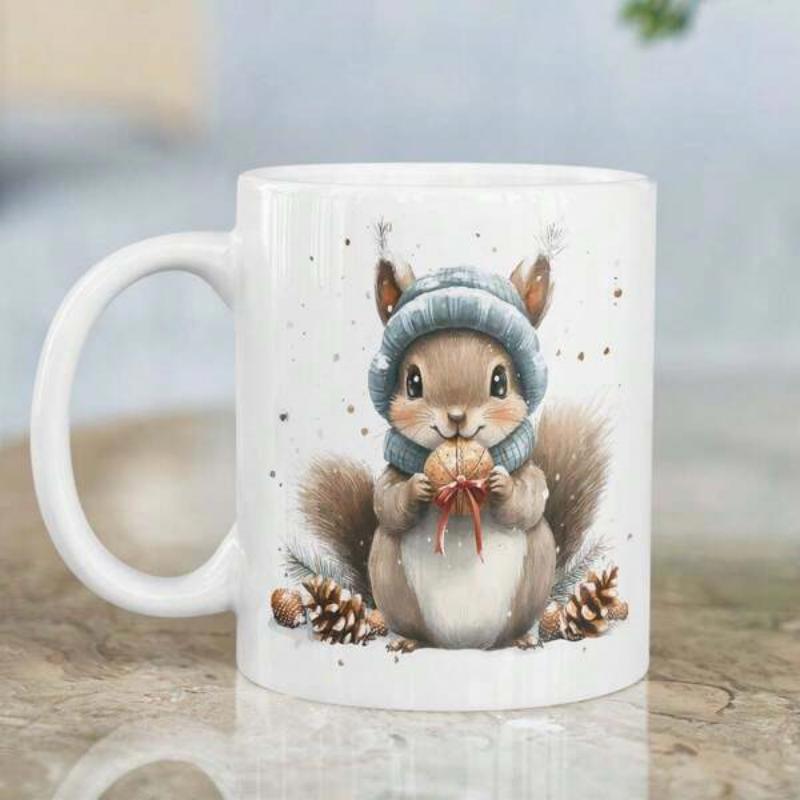 Tailorly White Ceramic 11 oz Mug - Cute Forest Animal Wearing A Soft Blue Winter Hat And Scarf Squirrel