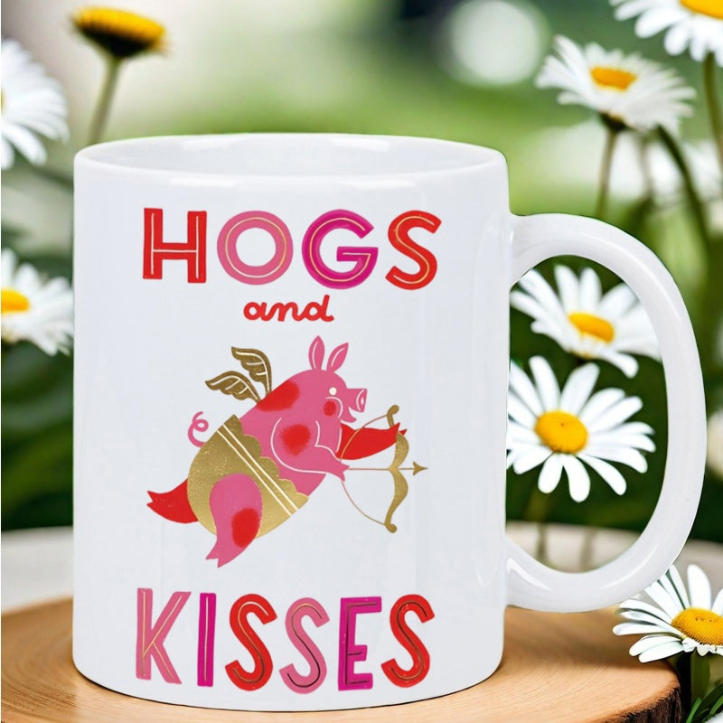 Tailorly White Ceramic 11 oz Mug - Hogs And Kisses Adorable Pink Winged Cupid Shooting Golden Arrow In Romantic Artistic Style Pig