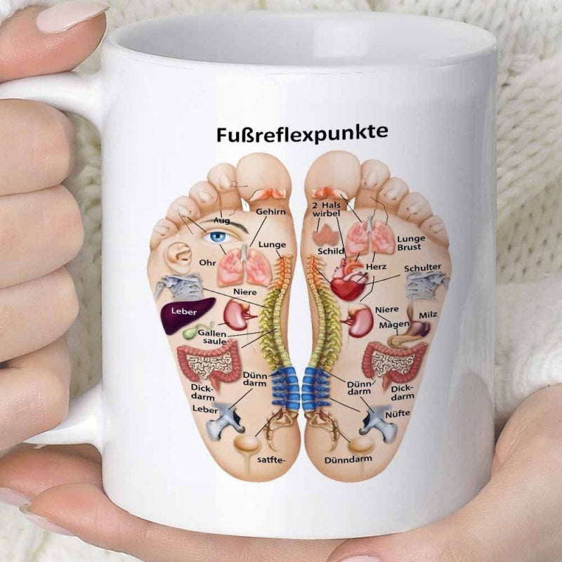 Tailorly White Ceramic 11 oz Mug - Detailed Medical Reflexology Diagram Showing Internal Organ Points Within Human Footprints