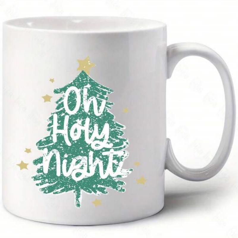 Tailorly White Ceramic 11 oz Mug - Oh Holy Night Distressed Green Fir Pattern With Sparkling Yellow Stars For Festive Decor Christmas Tree