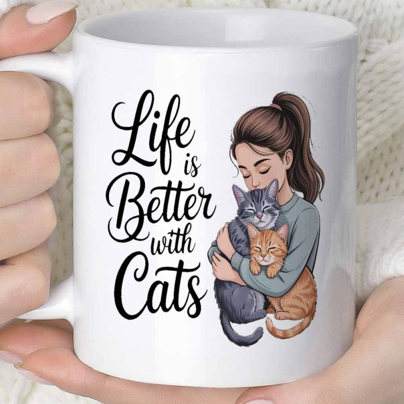 Tailorly White Ceramic 11 oz Mug - Life Is Better With Cats Lovely Young Woman Cuddling Two Soft Fluffy Tabby Kittens Together Cats